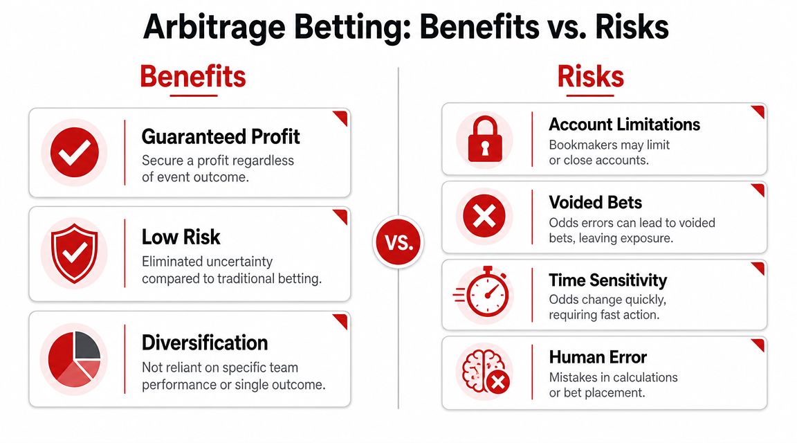 An infographic comparing the benefits and risks of arbitrage betting for sports gamblers and traders.