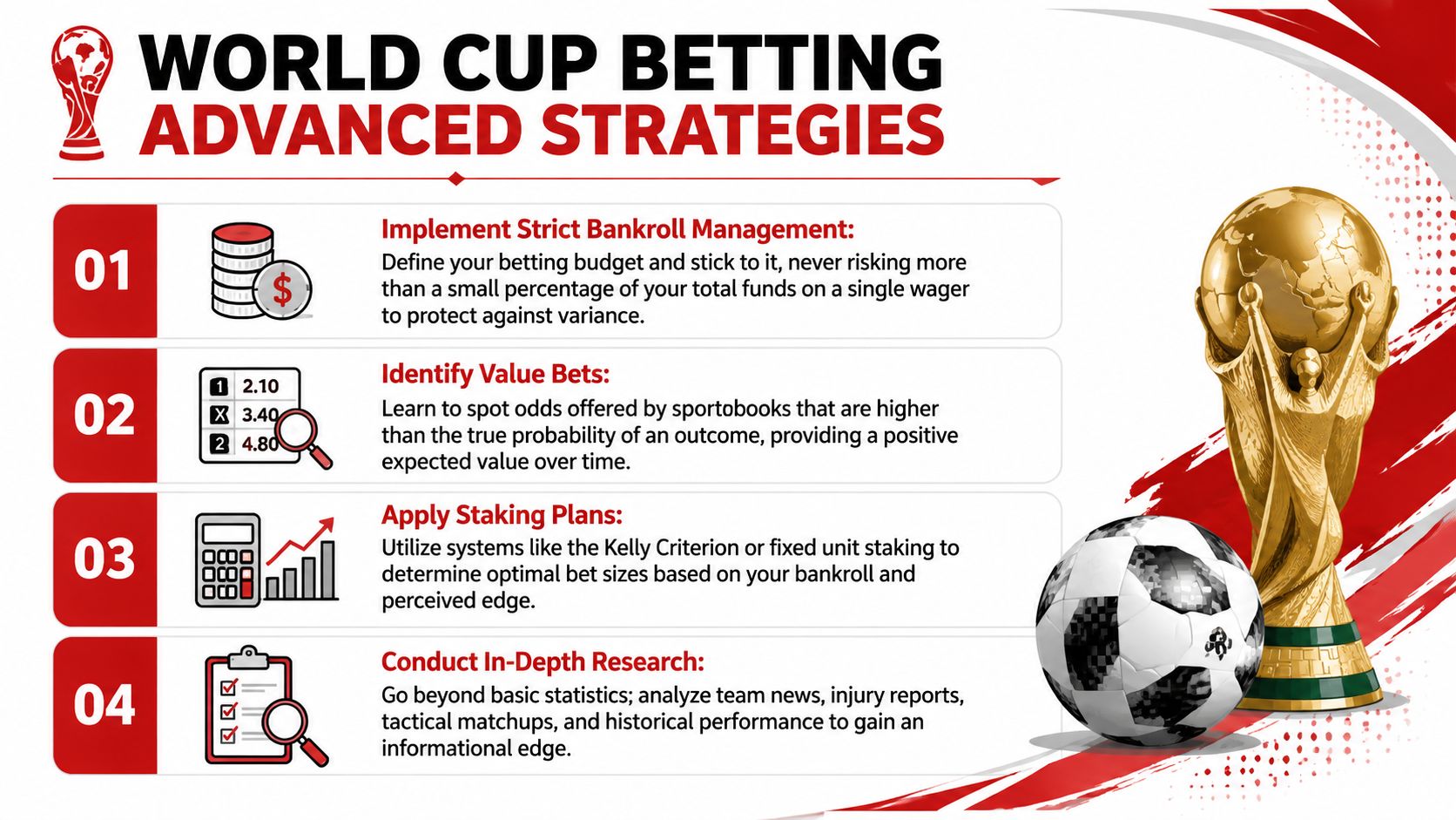 An infographic titled World Cup Betting Advanced Strategies featuring four tips for successful sports wagering practices.
