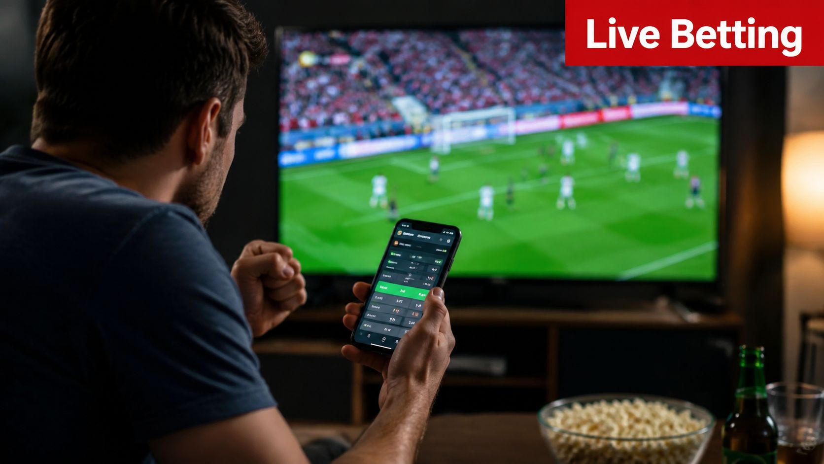 A man watching a soccer game on television while placing live bets on his smartphone screen.