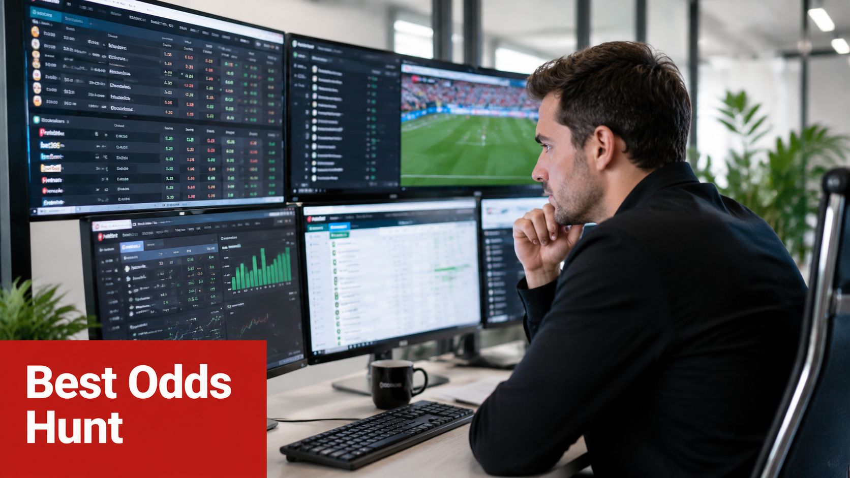 World Cup Betting Odds: A Complete 2026 Bettor's Guide 3 A professional analyst monitoring multiple computer screens displaying sports betting odds and a live football match.