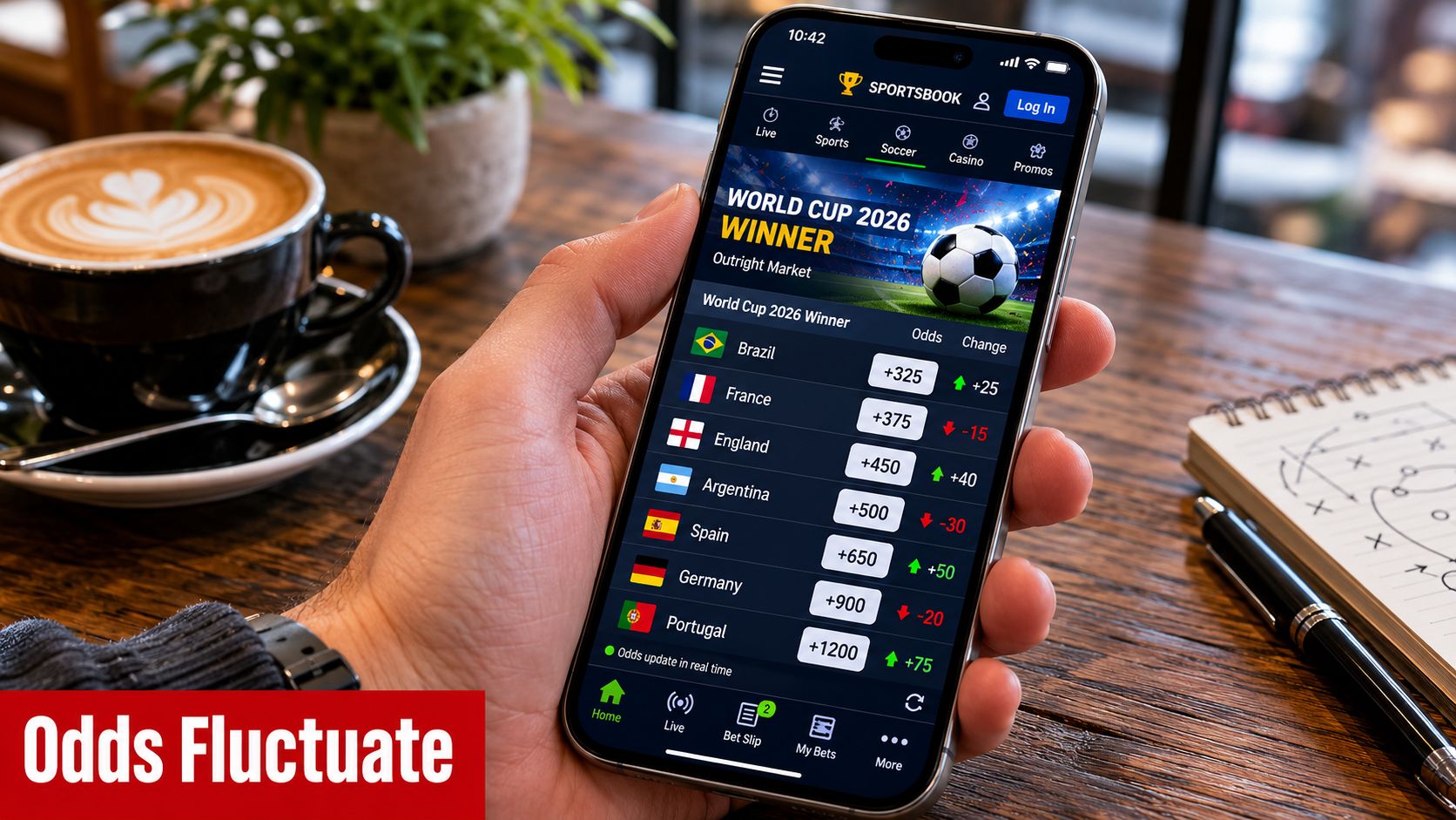 A hand holding a smartphone displaying a sports betting app showing World Cup 2026 winner odds.