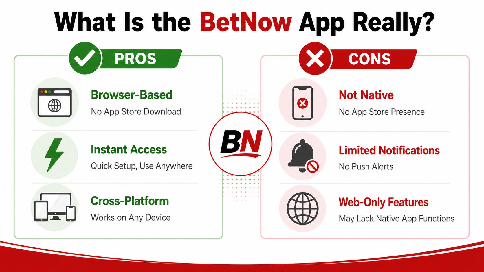 BetNow App Guide 2026: Mobile Betting & Crypto Payments 1 A pros and cons infographic comparing the features and limitations of the BetNow browser-based web app.