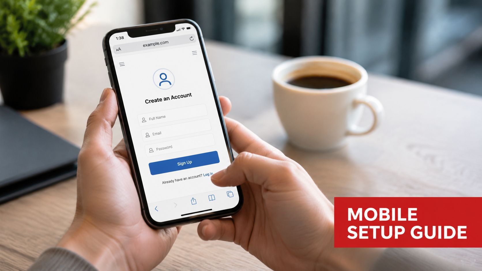 BetNow App Guide 2026: Mobile Betting & Crypto Payments 2 A person holding a smartphone showing an account creation page on a desk next to coffee.