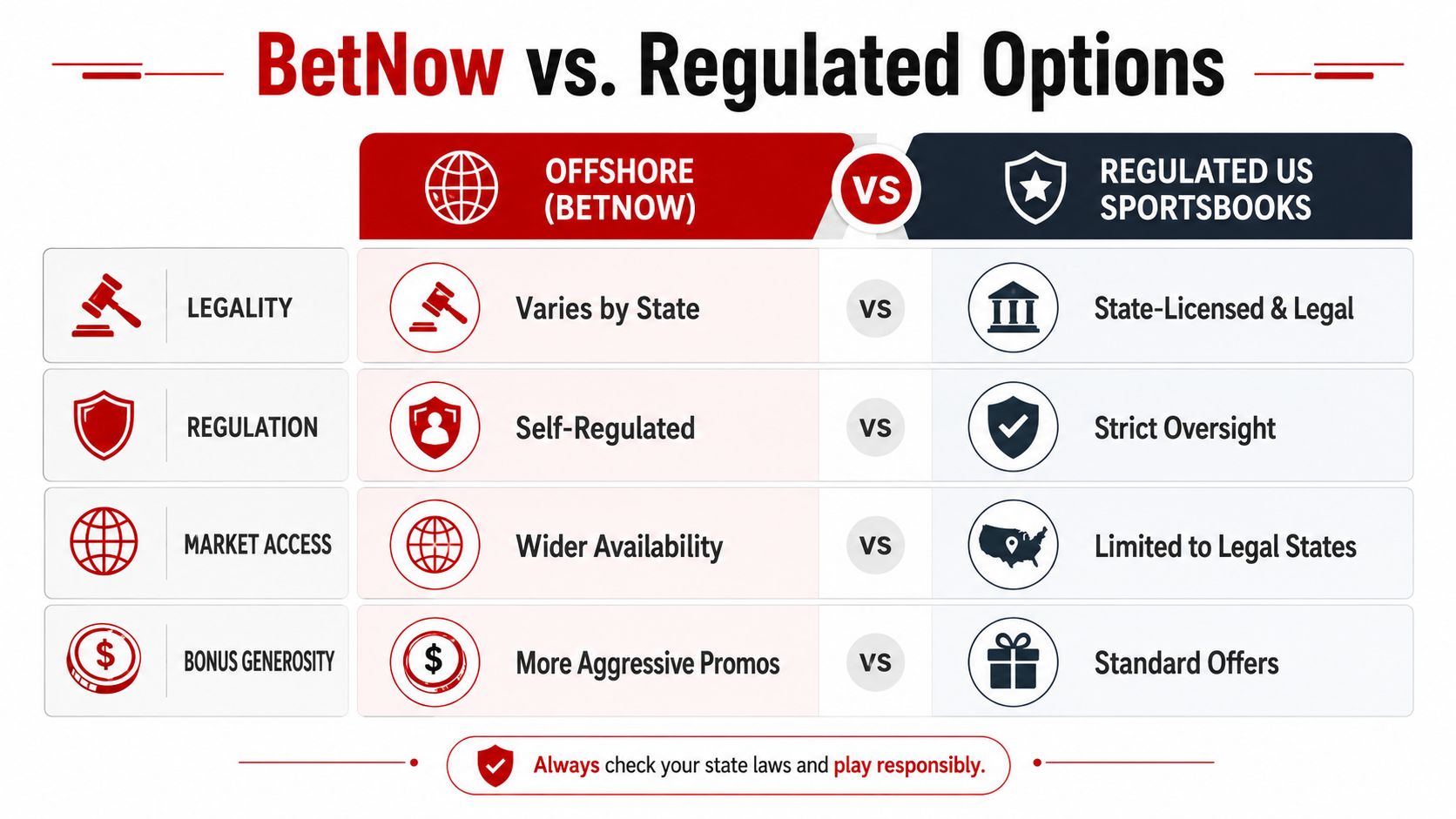 BetNow App Guide 2026: Mobile Betting & Crypto Payments 4 A comparison chart showing differences between offshore platforms like BetNow and regulated US sportsbooks regarding legality and regulation.