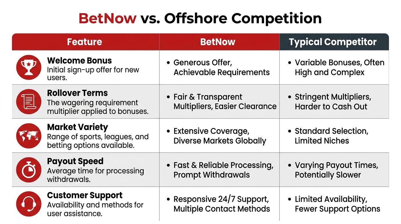BetNow Free Bet: Guide to Claim & Win in 2026 4 A comparison table showcasing the key benefits and advantages of using BetNow compared to typical offshore betting competitors.