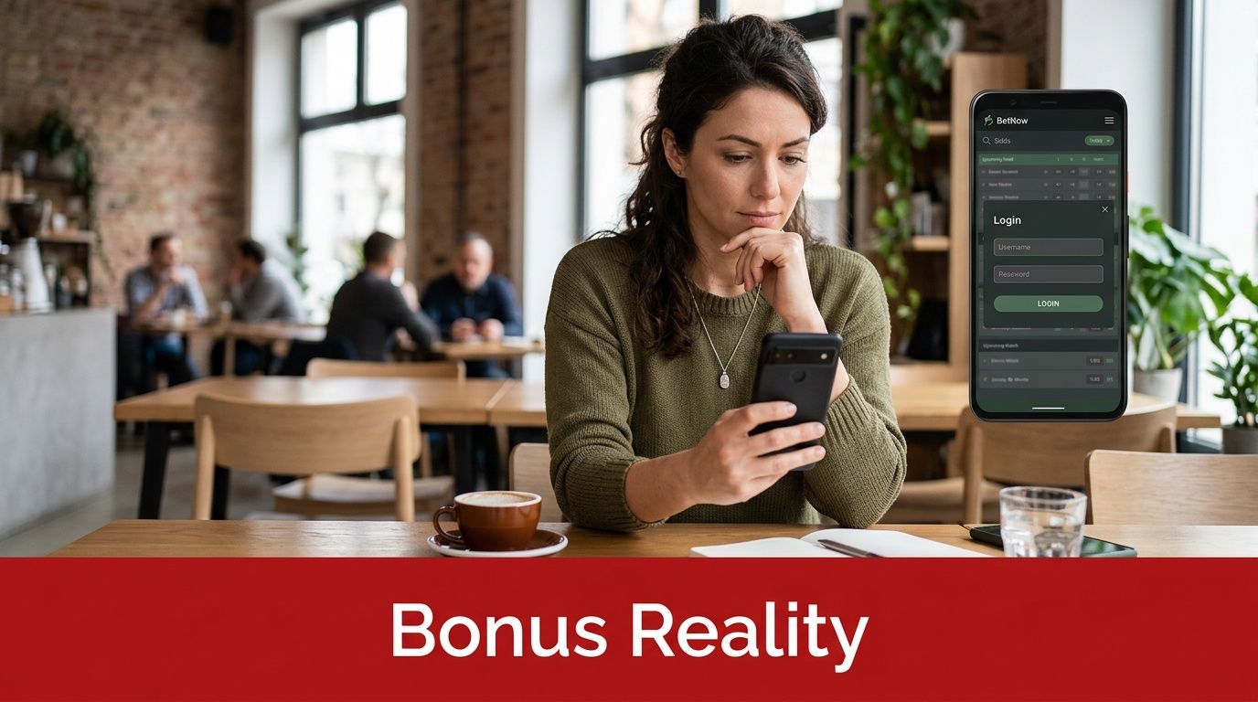 BetNow Free Bet: Guide to Claim & Win in 2026 1 A woman in a cafe checking her smartphone displaying a mobile betting application interface.