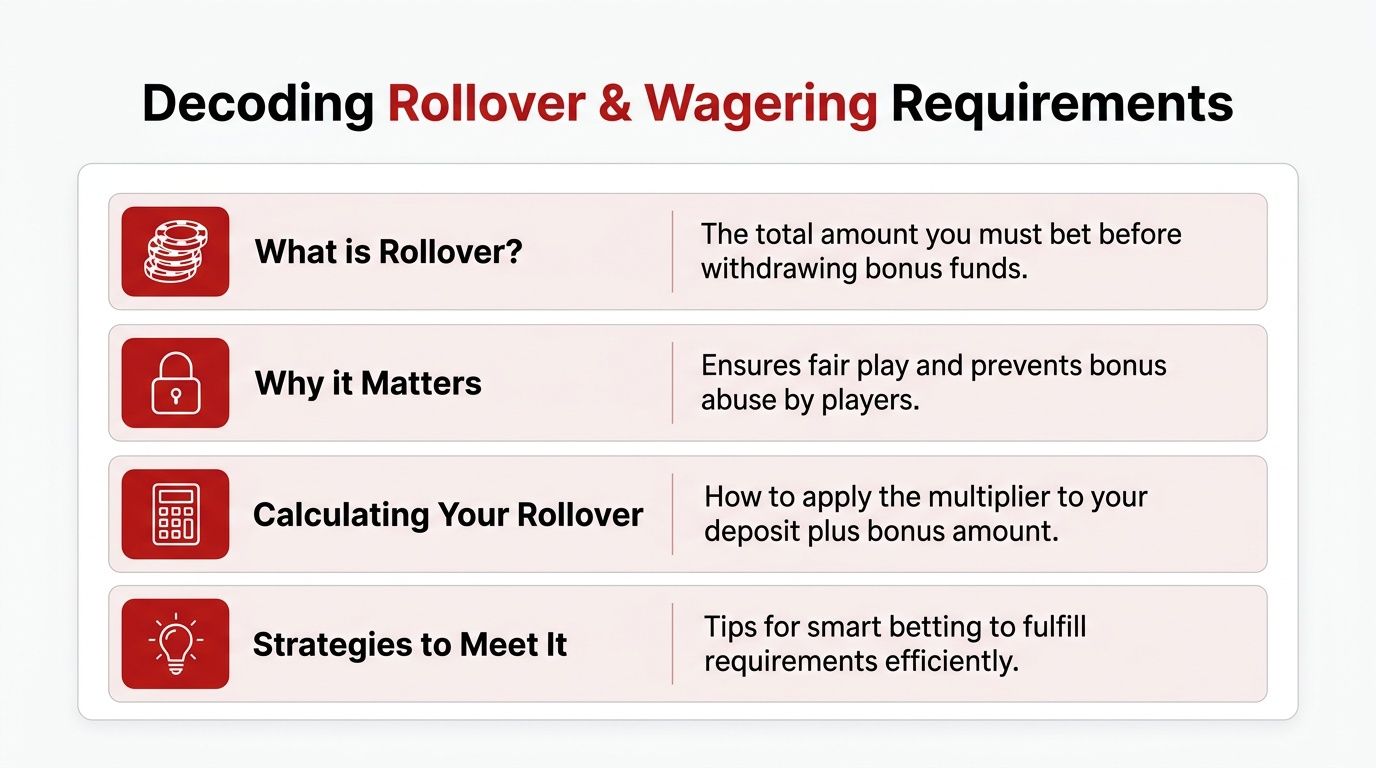 BetNow Free Bet: Guide to Claim & Win in 2026 3 An infographic explaining rollover and wagering requirements for online betting bonuses with four key points.