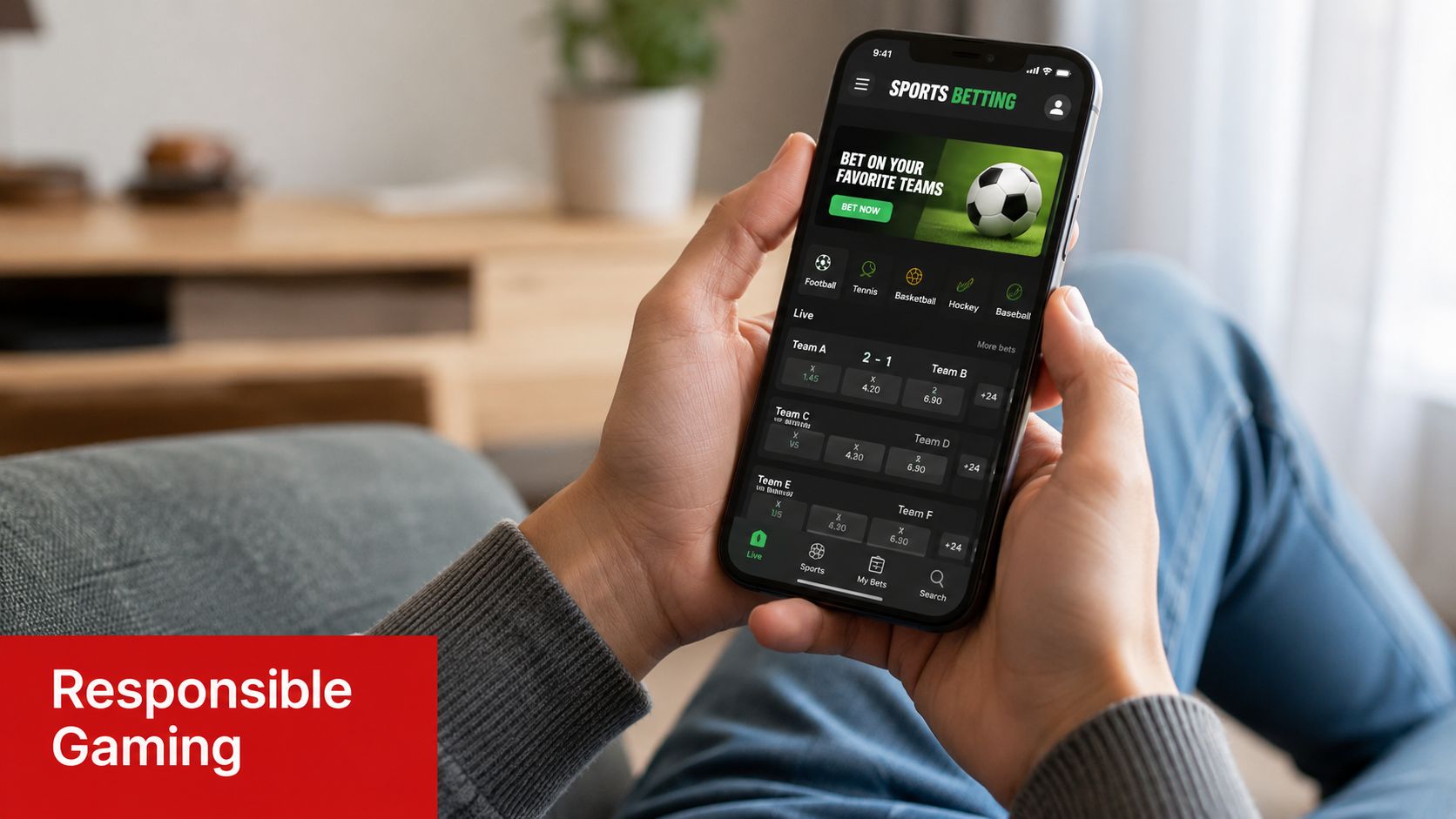 A person holding a smartphone showing a sports betting app interface while sitting on a couch.