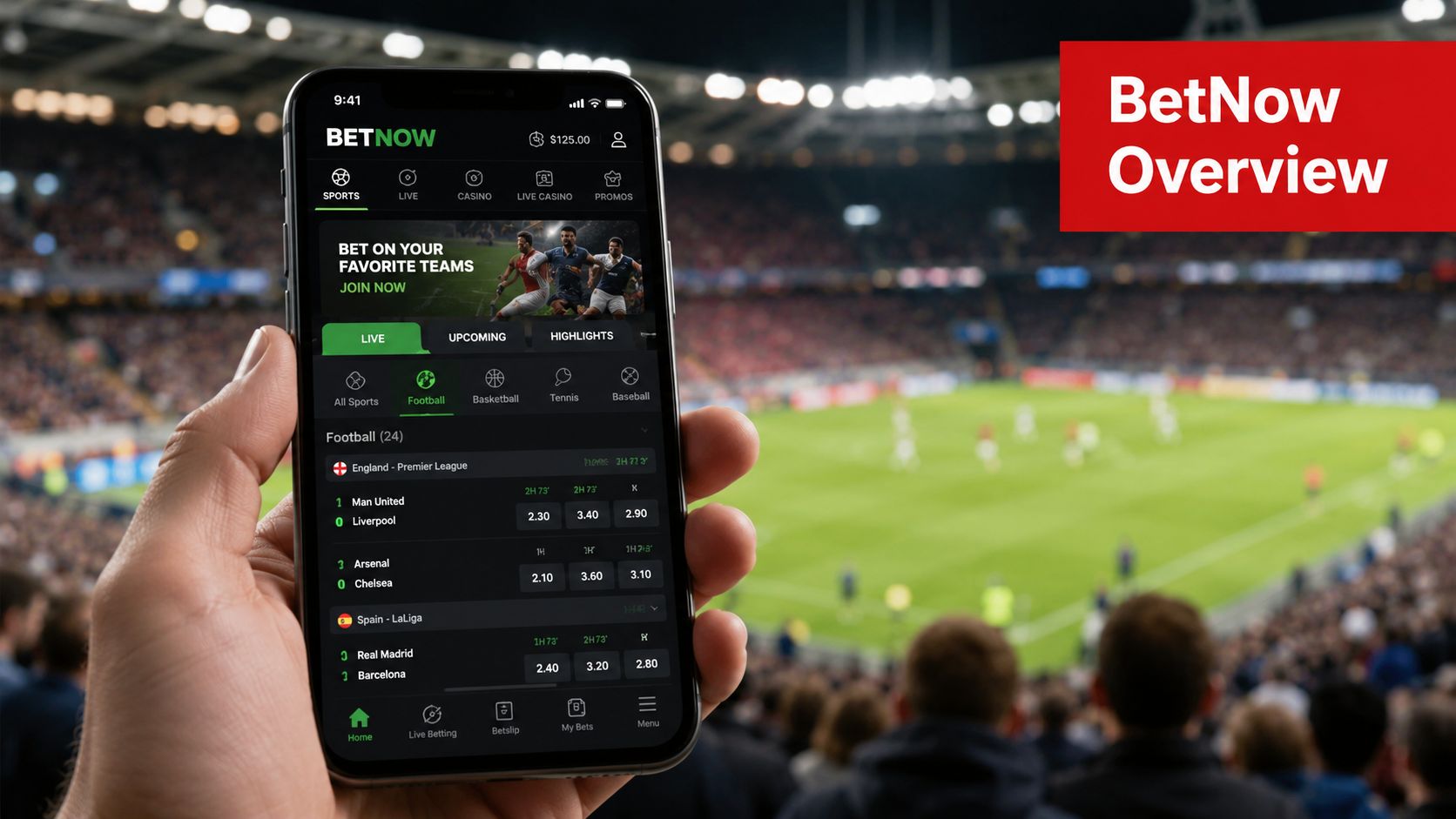 A hand holding a smartphone showing the BetNow mobile app interface in a stadium setting.