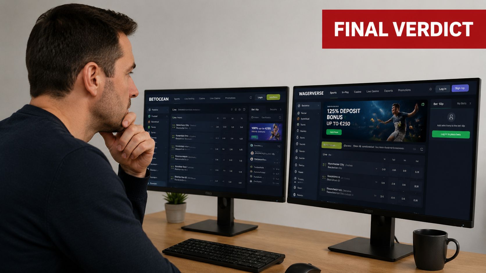 A man looks at sports betting websites displayed on two computer monitors in a home office.