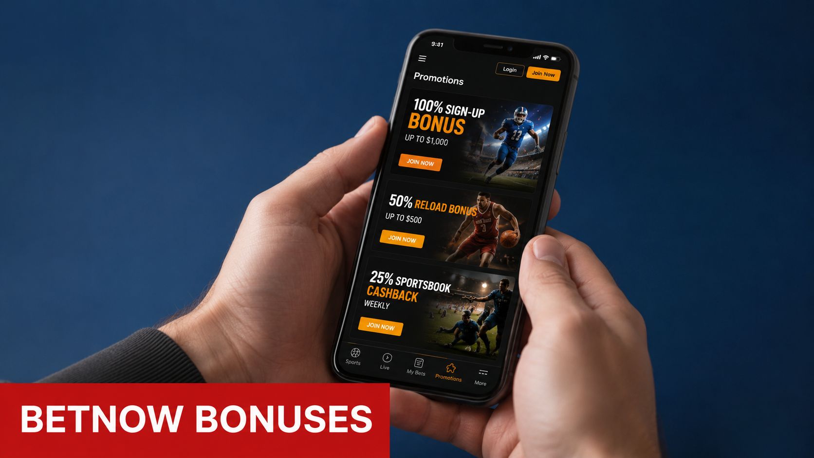 A person holding a smartphone displaying various sports betting promotions and bonuses on a mobile app interface.