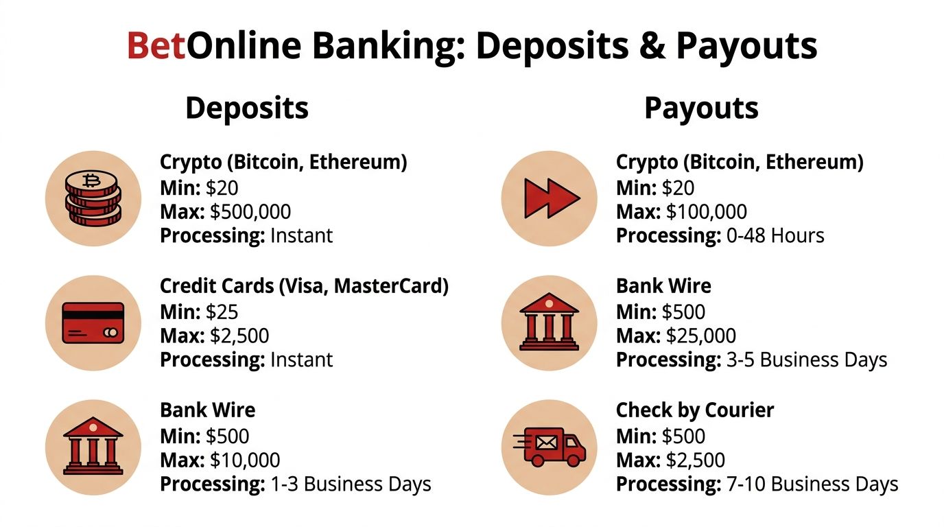 BetOnline AG Review 2026 a Guide for US Bettors 4 A chart showing deposit and payout methods including crypto, credit cards, bank wire, and courier checks for BetOnline.