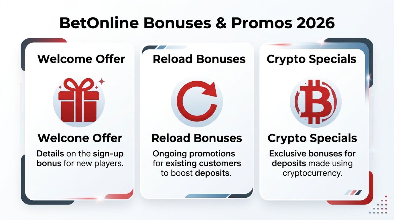 BetOnline AG Review 2026 a Guide for US Bettors 3 A graphic highlighting 2026 BetOnline bonus and promotion categories including welcome offers, reload bonuses, and crypto specials.