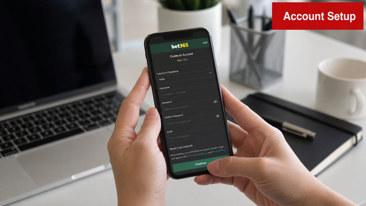 A person holding a smartphone showing the bet365 account setup registration form on a desk.