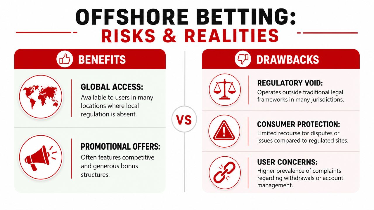 A comparison infographic showing the benefits and drawbacks of using offshore betting and gambling websites.