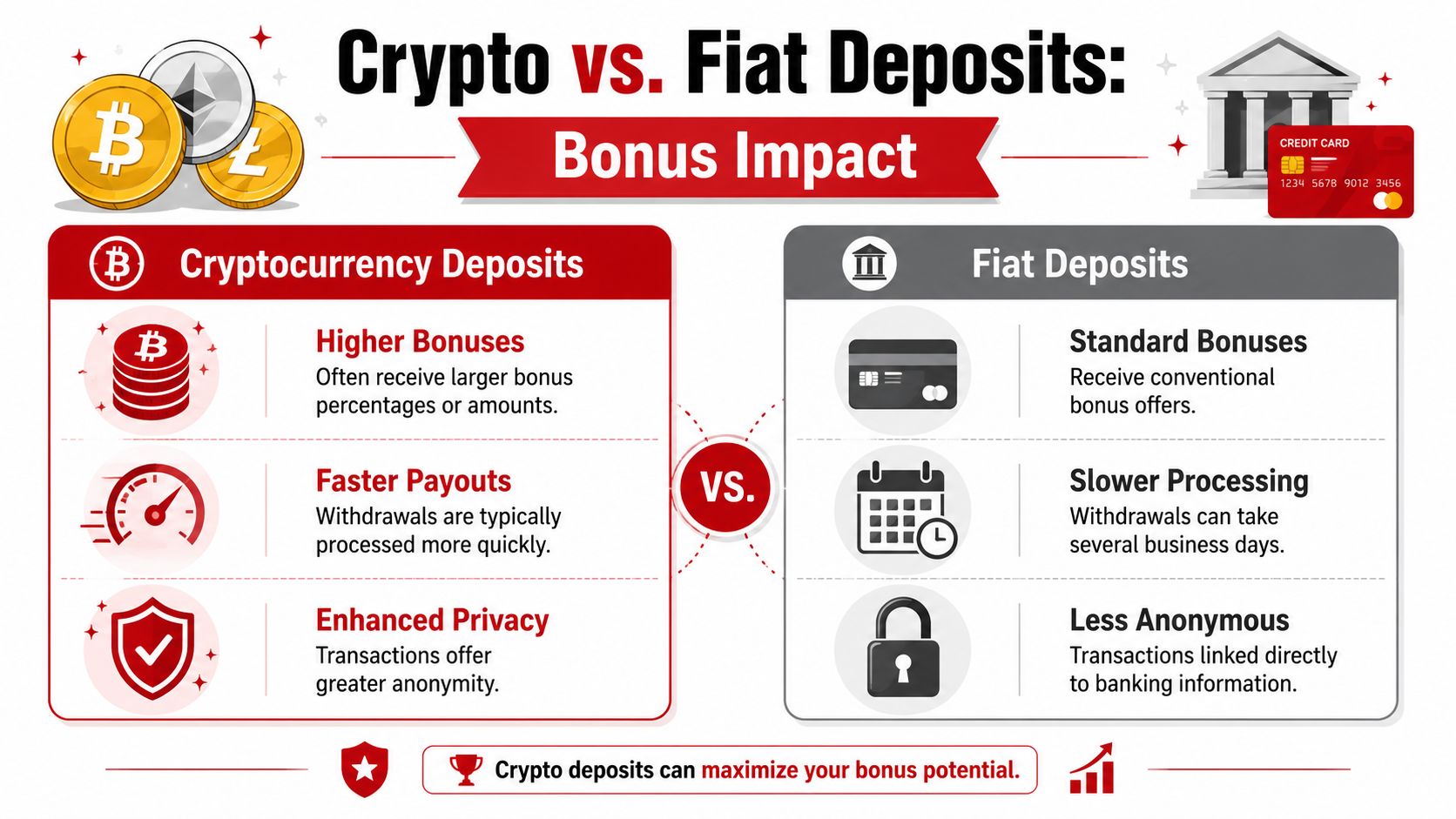 BetUS Casino Sign Up Bonus: A Complete 2026 Guide 3 A comparison chart showing how cryptocurrency deposits offer larger bonuses and faster payouts than traditional fiat deposits.