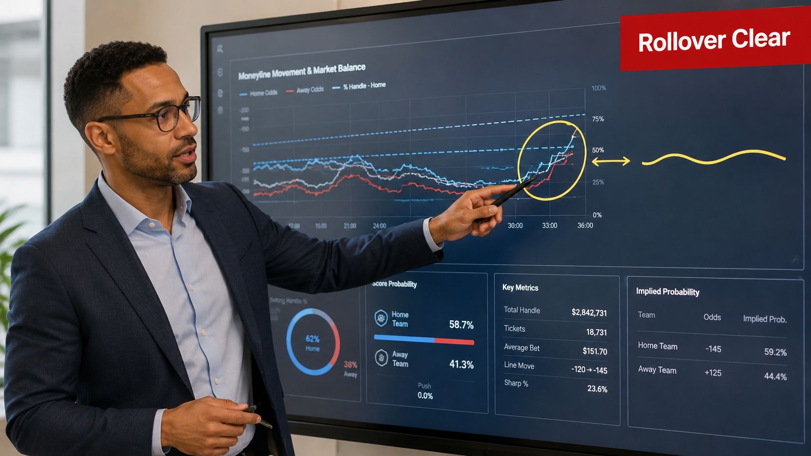 A professional man gesturing at a digital dashboard displaying sports betting metrics and market data trends.