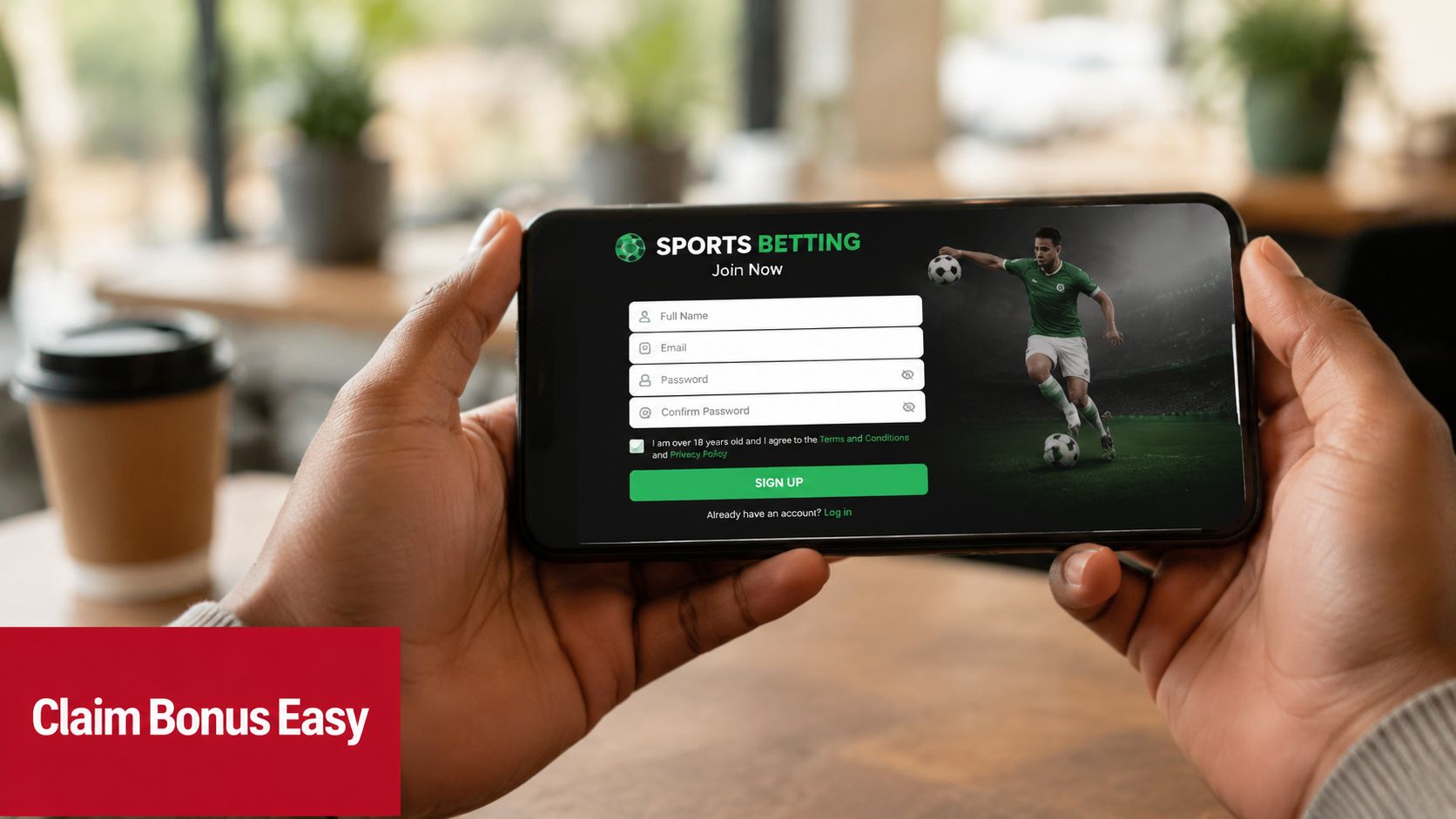 A person holding a smartphone displaying a sports betting registration page on a blurred cafe background.