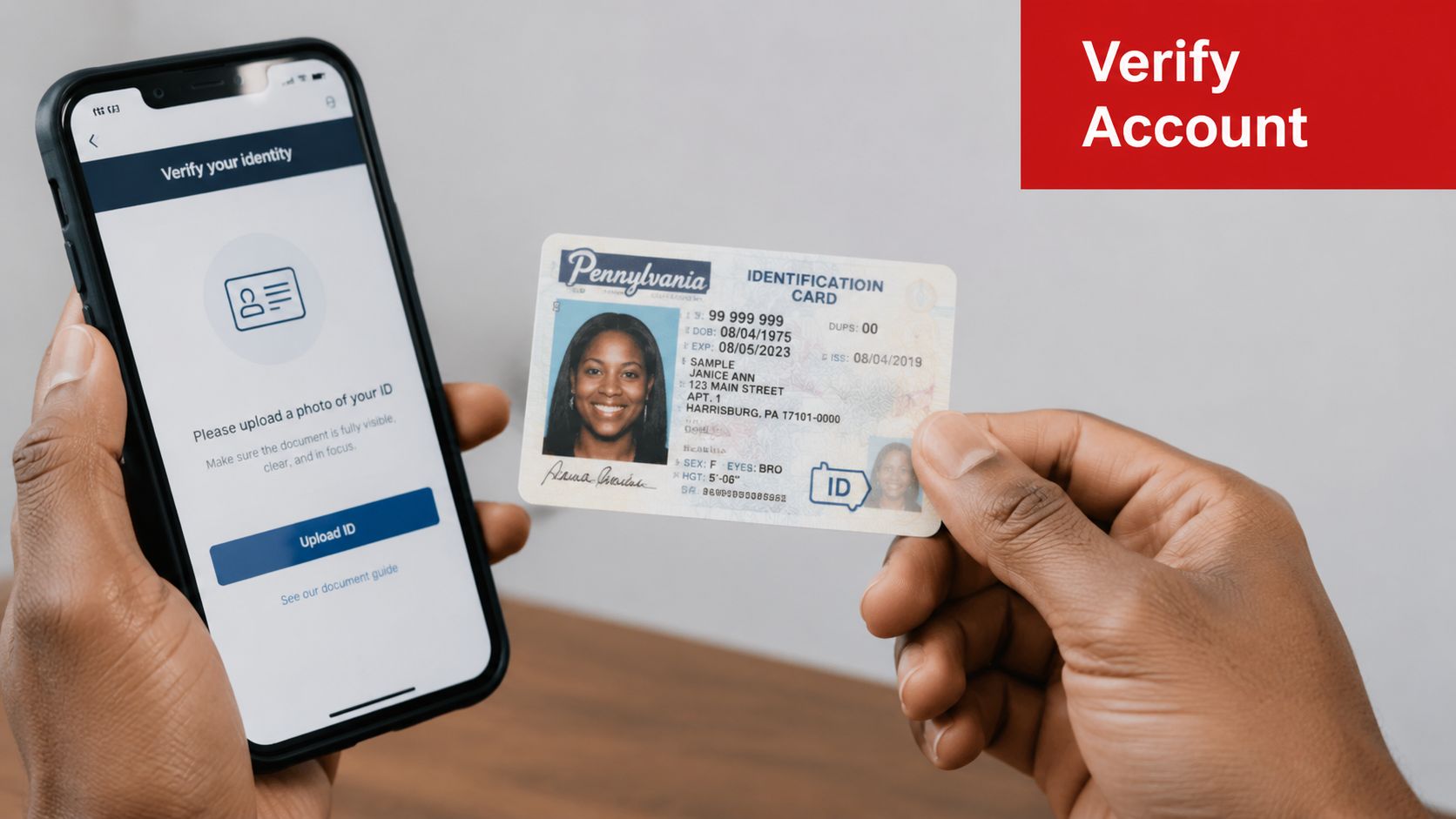 A person holding a smartphone and a Pennsylvania identification card to verify their identity online.