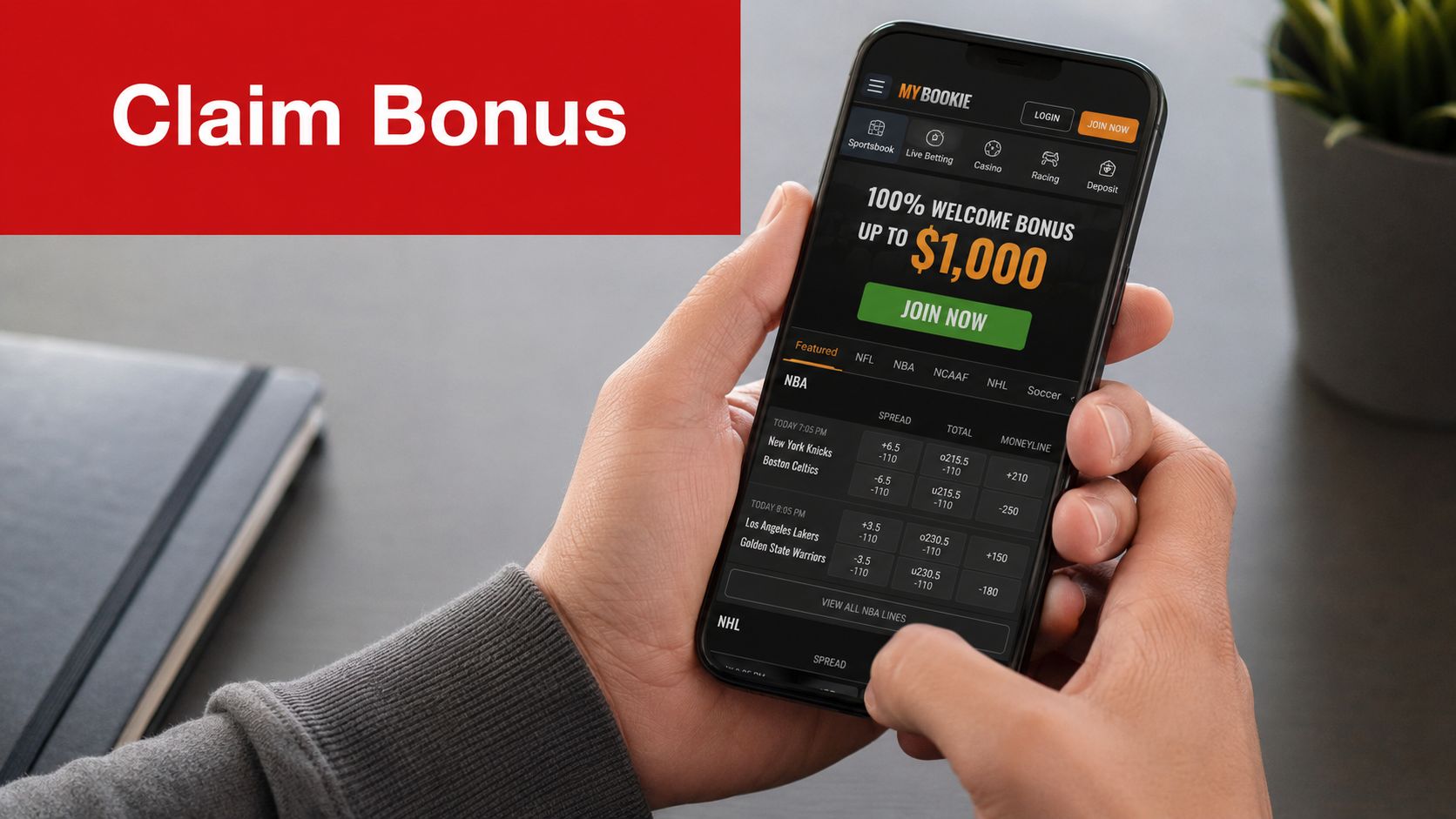 MyBookie Sign Up Bonus: Your 2026 Claim & Use Guide 2 A person holding a smartphone showing the MyBookie sports betting app with a welcome bonus offer.