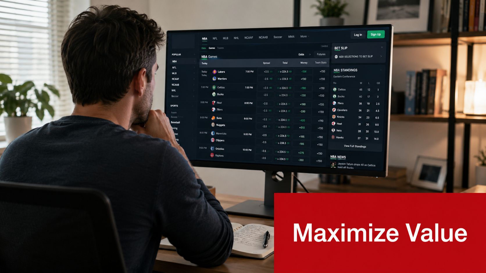 MyBookie Sign Up Bonus: Your 2026 Claim & Use Guide 3 A person sitting at a desk looking at NBA betting odds on a large computer monitor.