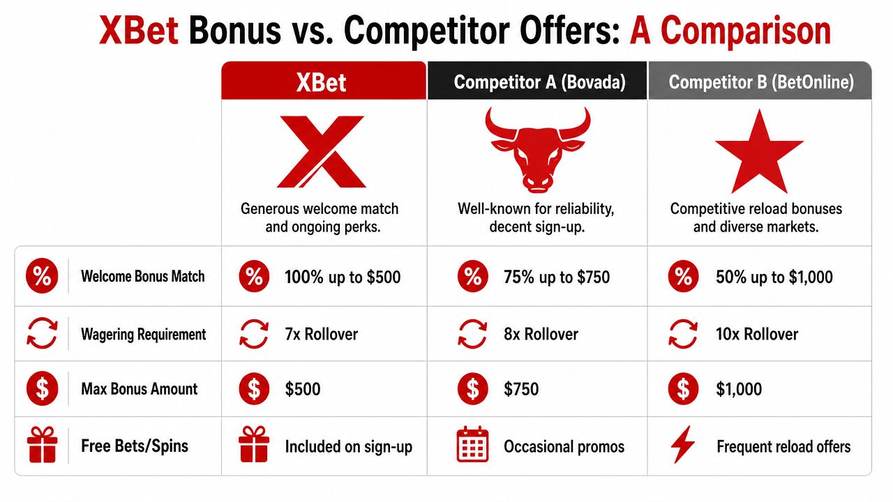 XBet Bonus Guide 2026: Promo Codes & Terms Explained 3 A comparison table showcasing welcome bonuses, rollover requirements, and promotional offers for XBet, Bovada, and BetOnline gambling platforms.