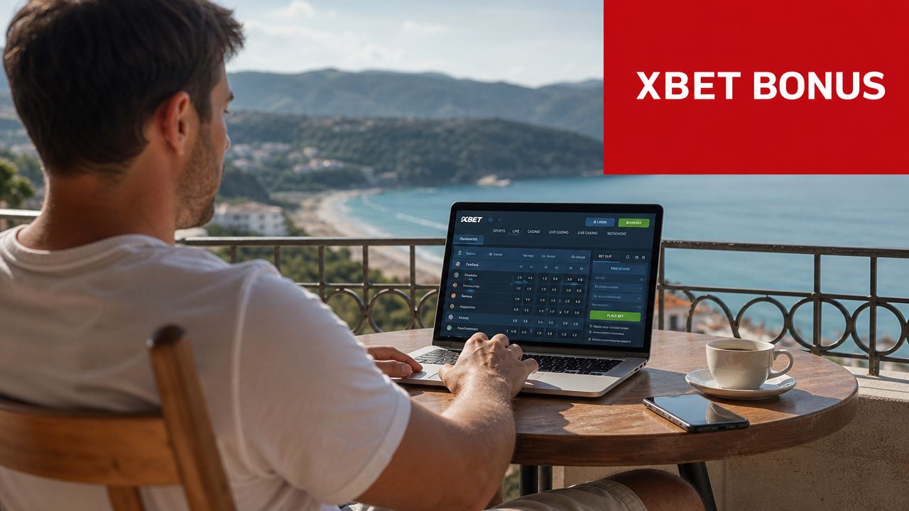 XBet Bonus Guide 2026: Promo Codes & Terms Explained 1 A man using a laptop on a balcony overlooking the sea to access betting services.